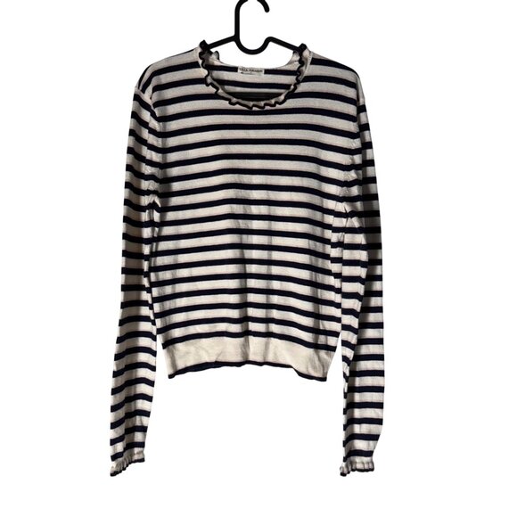 Ulla Johnson Navy Pink Cream Striped Cotton Cashmere Ruffle Trim Sweater Large - Picture 1 of 7
